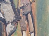 painting of two people standing next to each other in front of a wall