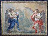 deux tableaux représentant des anges, dans un cadre doré, sur fond bleu