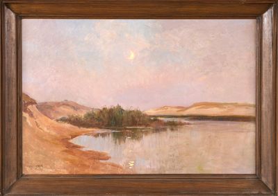 une peinture à l'huile représentant un paysage avec un lac et des montagnes en arrière-plan