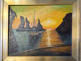 an oil painting of a sailboat in the ocean with rocks in the background