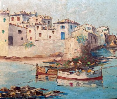 a painting of a boat in the water next to a building