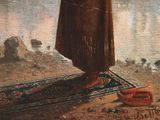 painting of a man standing on a rug with a hat on his head