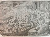 dessin représentant un groupe de personnes dans un bateau sur un plan d'eau