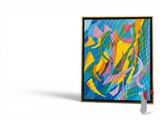 peinture abstraite avec un couteau posé devant, sur une surface blanche