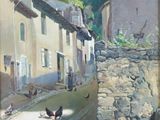 une peinture représentant une peinture d'une scène de rue avec des oiseaux