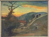 an image of a painting of a landscape with a tree in the foreground