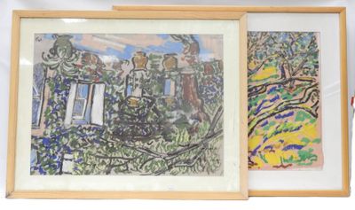 two framed pictures of people in a garden