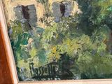 an oil painting of a house in a wooded area with trees in the foreground