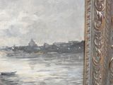 a painting of a boat on the water with a city in the background