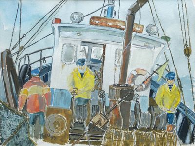 painting of a group of people on a boat in the water