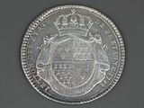 a close up of a silver coin with a crown on top of it