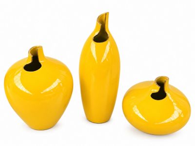 three yellow vases with a black top and a yellow vase with a black top