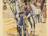 painting of a man standing next to a horse in front of a group of soldiers