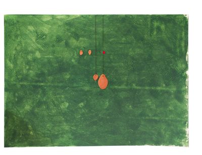 une image représentant un tableau d'un champ vert d'où pendent des ballons rouges