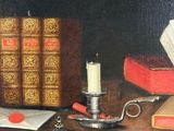 painting of a still life with books, a candle and a candle holder