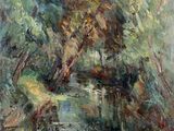 an oil painting of a river with trees in the background