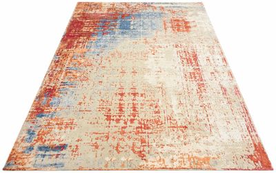 Tapis Moderne, noué main, fond beige, bleu et rouge 300 x 25…