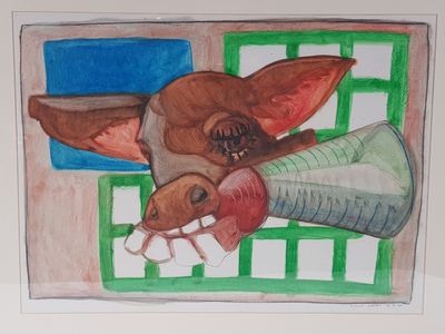 tableau représentant une girafe en train de manger un morceau de papier, une brosse à dents dans la bouche