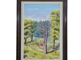 a painting of trees in a field with a blue sky in the background