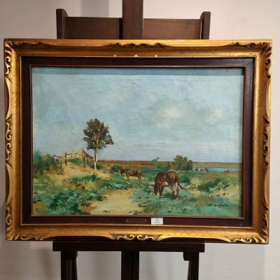 une peinture à l'huile représentant un cheval paissant dans un champ près d'un arbre