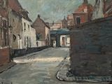 painting of a street scene with buildings and a person walking down the street
