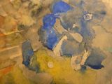 a close up of a painting with blue and yellow colors