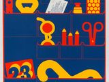 an image of a blue and red poster with various objects on it