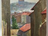 une image représentant une peinture d'une rue avec des bâtiments et un château en arrière-plan