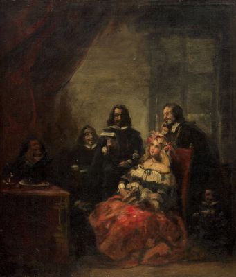 un tableau représentant un groupe de personnes assises autour d'une femme en robe rouge