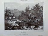 a black and white drawing of a bridge over a river