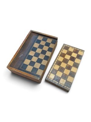 a wooden box with a chess board inside of it