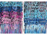 two paintings of blue and pink paint on a white background