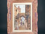 painting of a street scene with people walking down a narrow alley