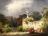 une peinture représentant une croix au cœur d'un village