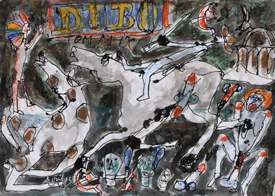 painting of a group of people riding on horses in a parade