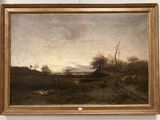 painting of a landscape with sheep grazing in a field by a river