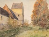 une aquarelle représentant un bâtiment et un arbre