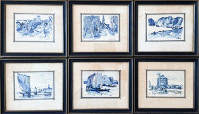 six tableaux encadrés, bleus et blancs, représentant des bateaux, alignés les uns à côté des autres