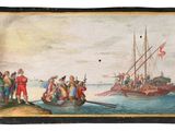 painting of people on a boat in a body of water with a boat in the background