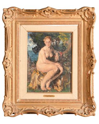une image représentant un tableau d'une femme nue assise sur une souche d'arbre