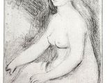 a black and white drawing of a woman sitting on the ground