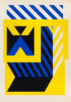 une image représentant une peinture abstraite jaune et bleue sur fond blanc