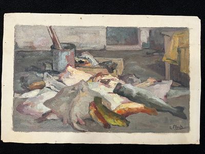 a painting of a man laying on a bed with a fish