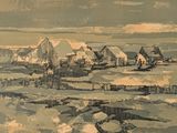 une photo d'un tableau représentant un village en plein milieu de la journée