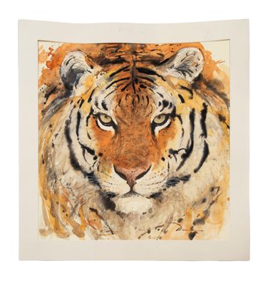 une aquarelle représentant un tigre sur fond blanc
