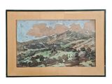 an image of a painting of a mountain scene with clouds in the sky