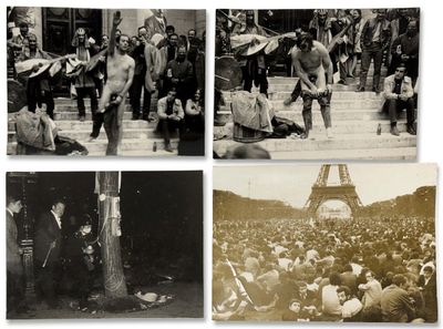 several black and white photos of people in front of the eiffel tower