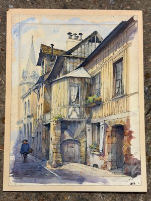 an image of a painting of a person walking down a street