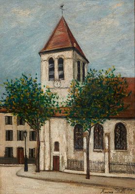 une peinture à l'huile représentant une église surmontée d'un clocher