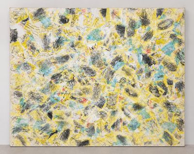 an abstract painting with yellow and black paint on a white wall
